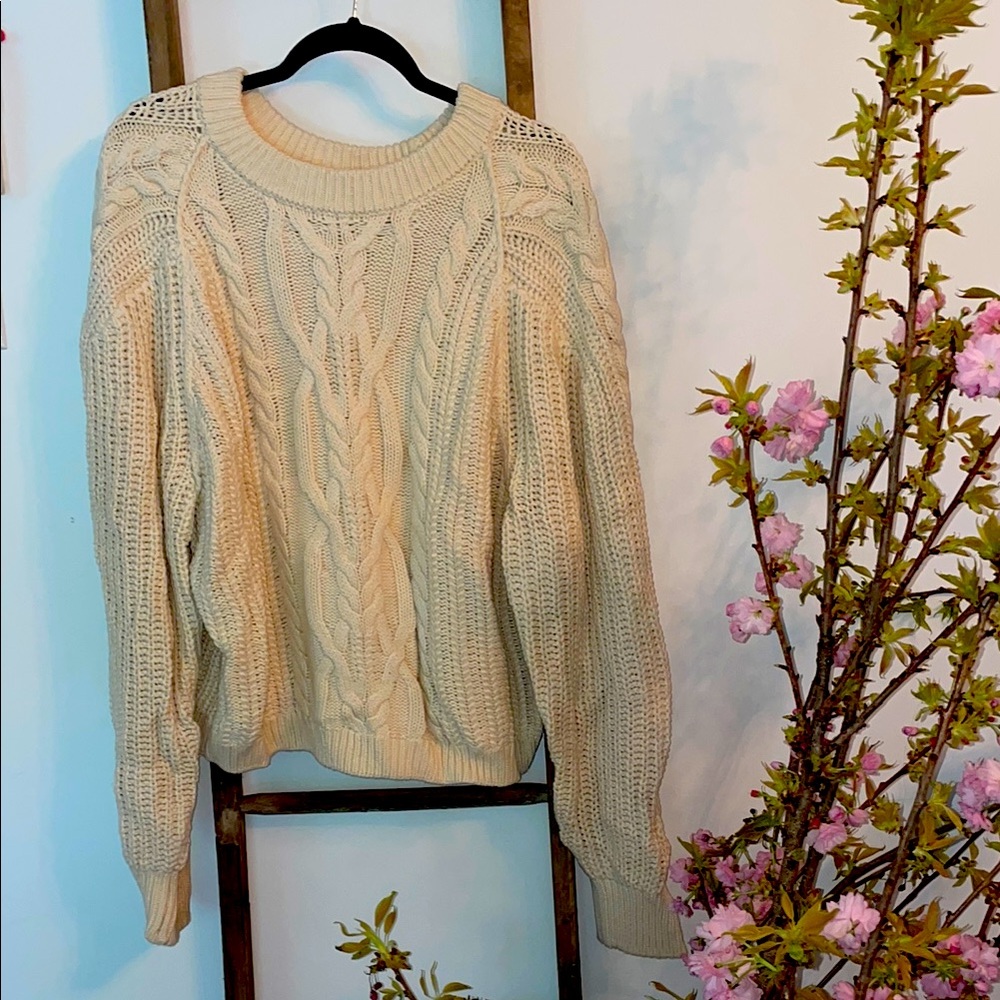 Free People Cream Frankie Crew Neck Cable Knit Sweater